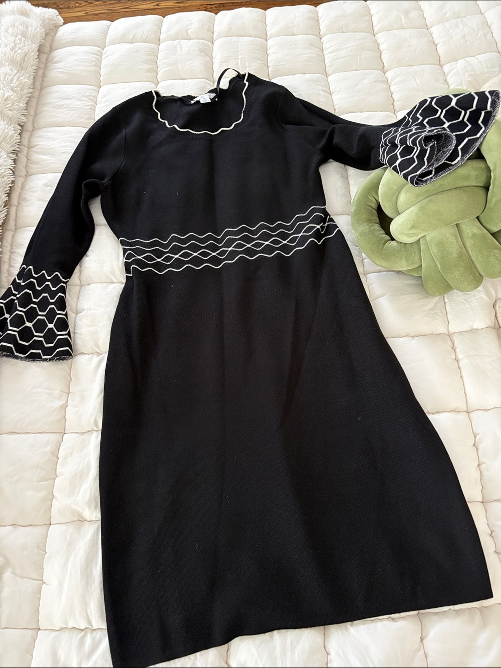 London Times Black Long-Sleeve Knit Dress with White Trim